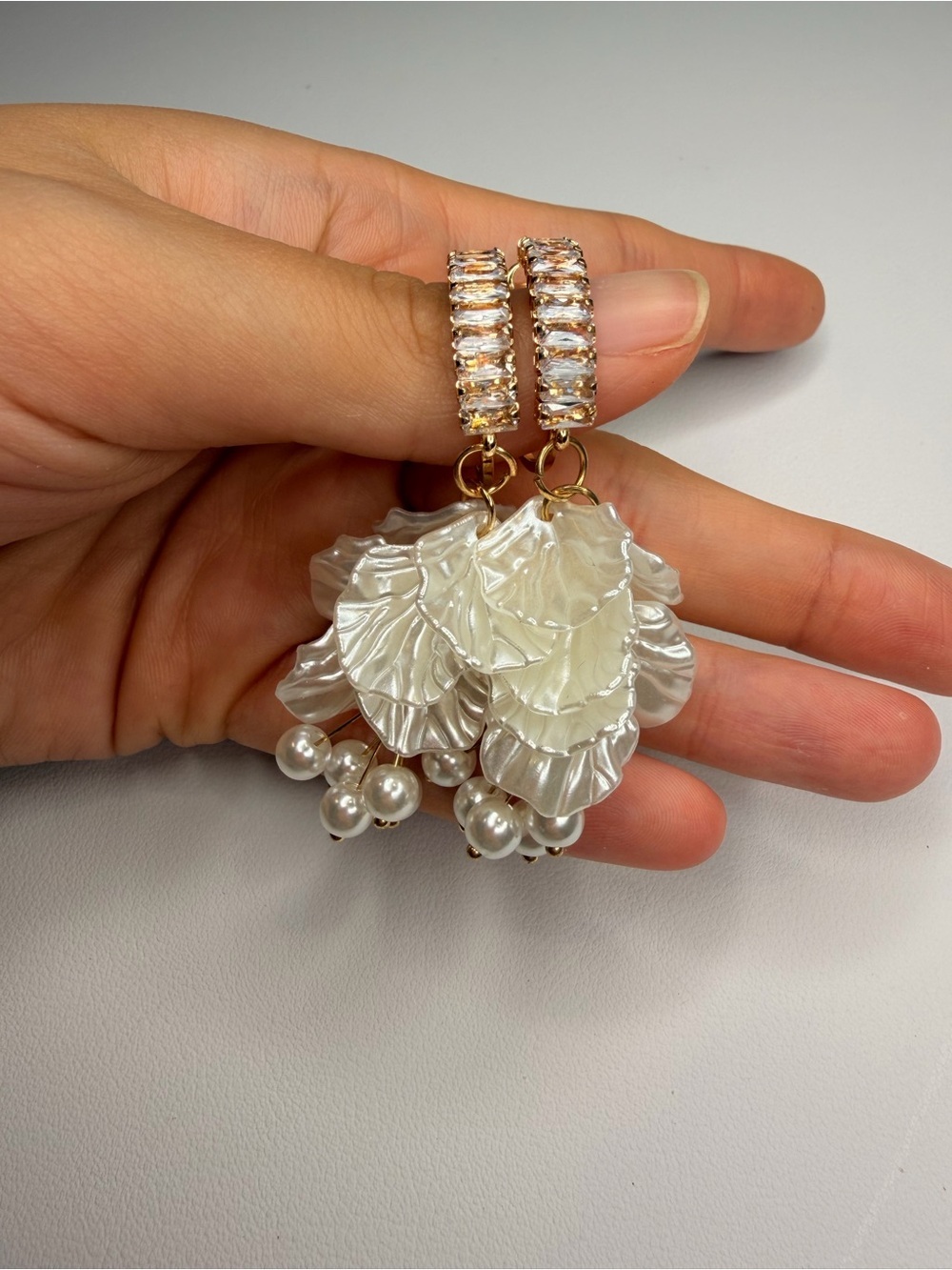 Gold Pearl Leaf Cluster Drop Earrings - White